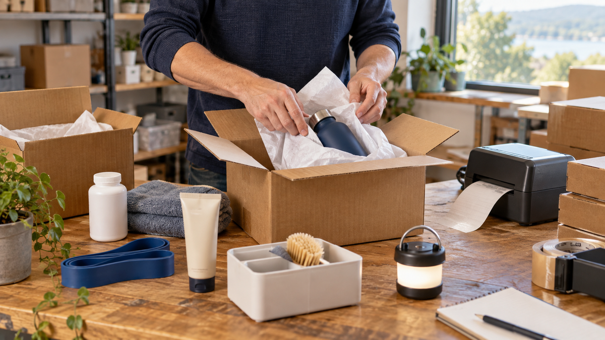 AI-generated editorial image of a small U.S. outlet owner packing a customer order with everyday wellness, fitness, personal care, home, and outdoor items