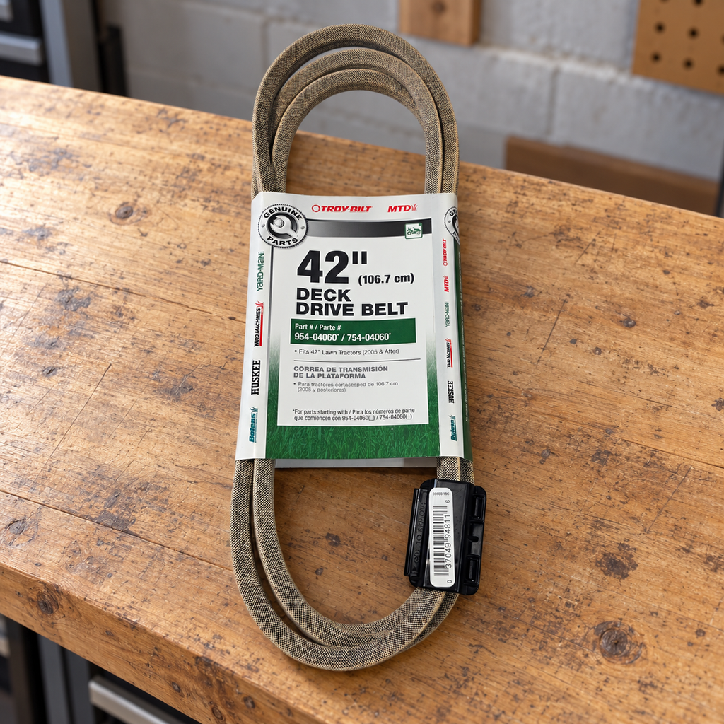 Packaged tan Troy-Bilt and MTD deck drive belt resting on a wooden workshop bench.