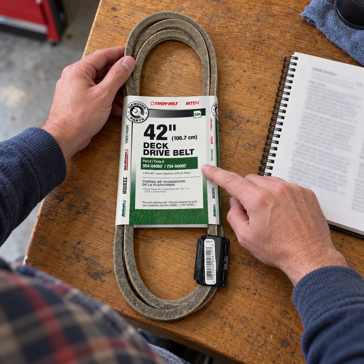An adult checks the packaged deck belt label beside an open maintenance manual.