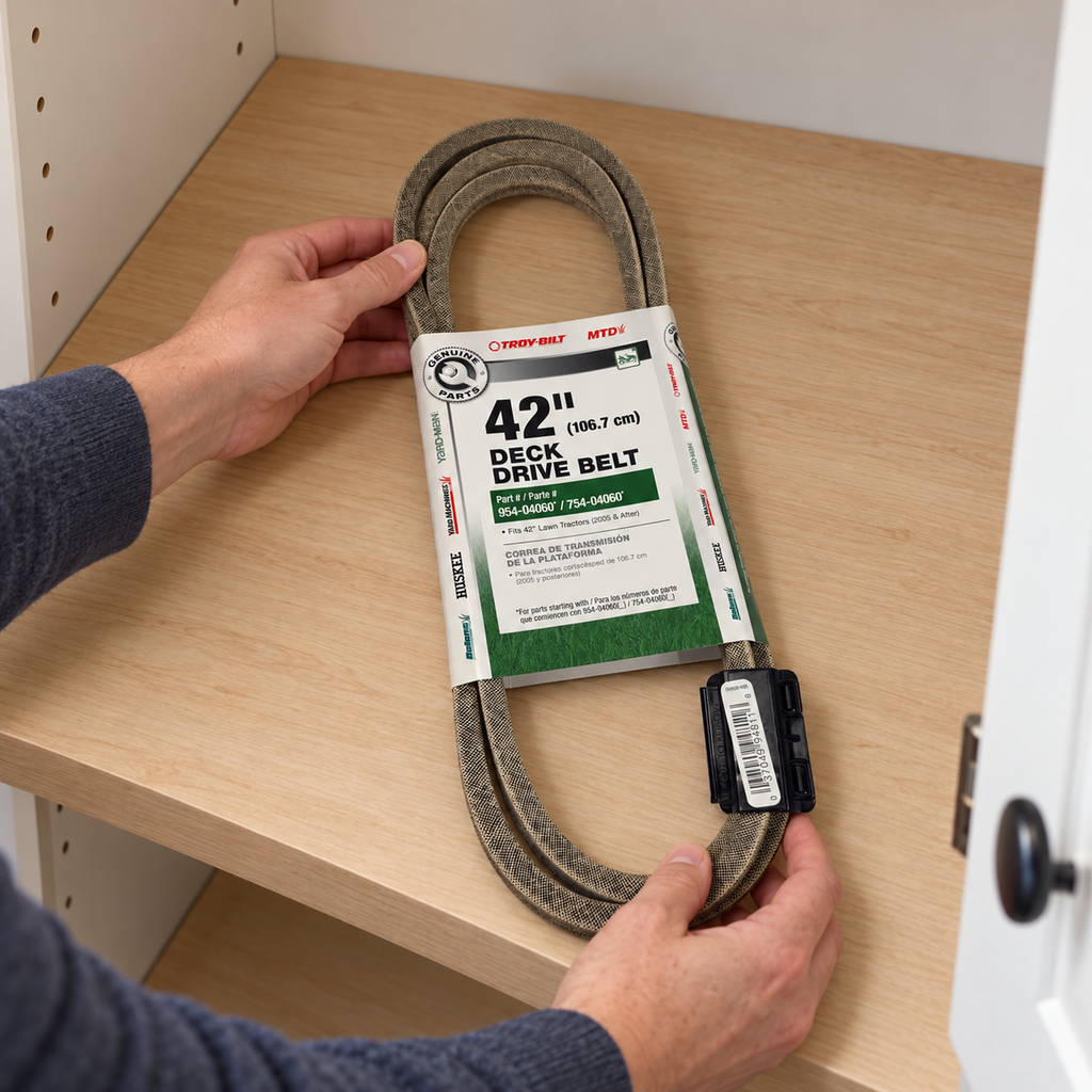 Hands place the packaged tan deck belt flat on a clean indoor cupboard shelf.