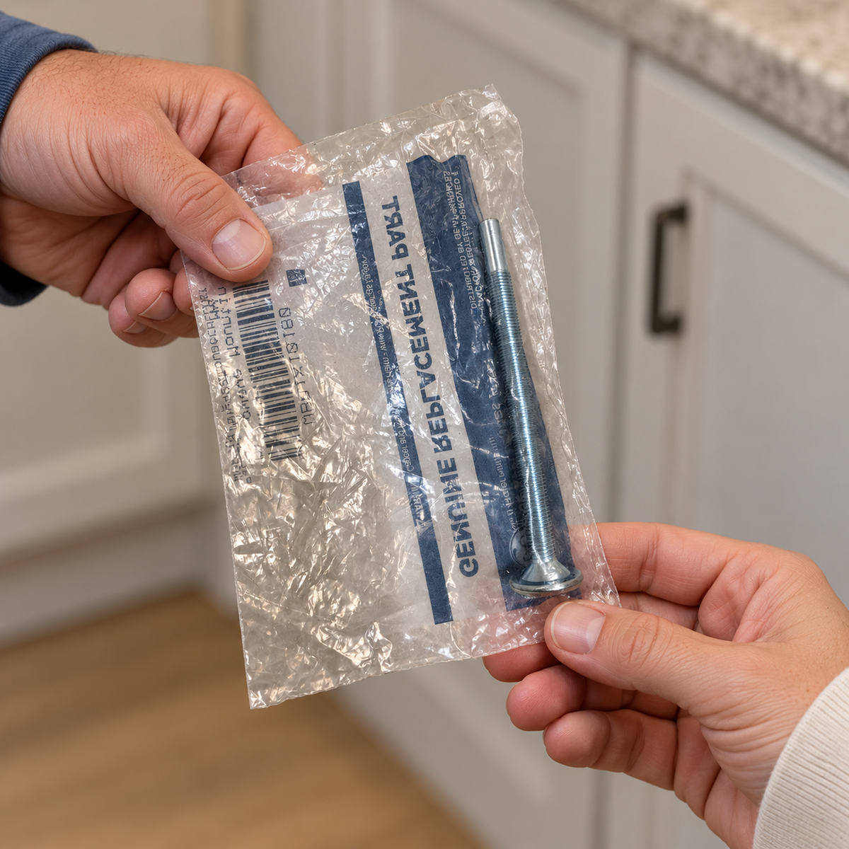 Two adults passing the packaged GE mounting bolt between their hands.