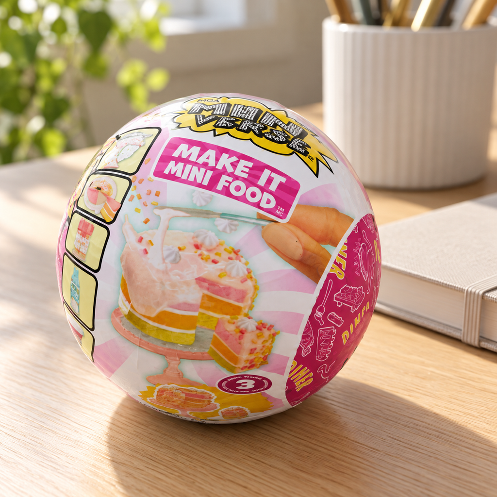 AI-generated styled scene of one closed MGA Miniverse Diner Series 3 capsule in a desk setting; background props not included.