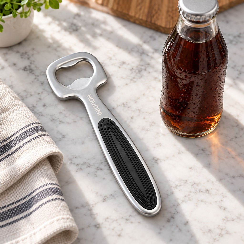 AI-generated lifestyle illustration of the Houdini zinc bottle opener in a kitchen counter setting.