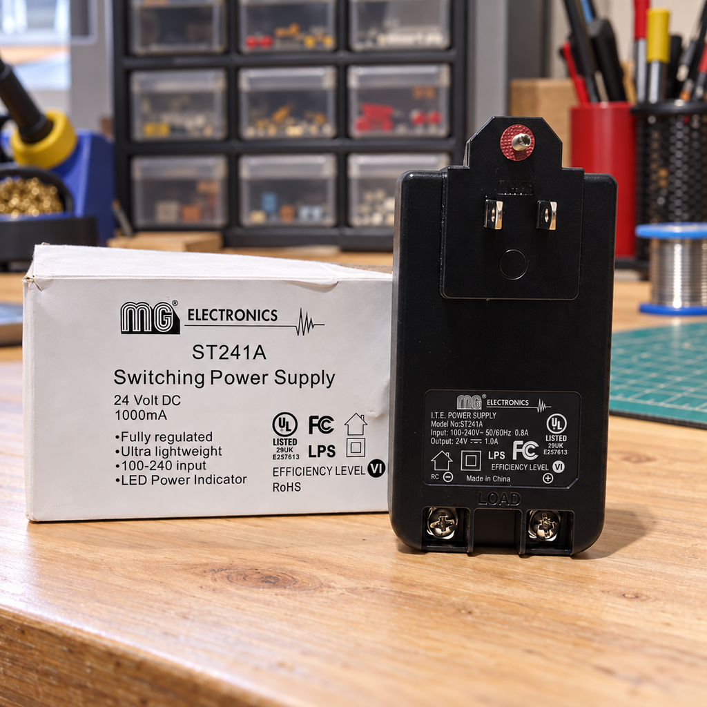 AI-generated lifestyle illustration of the unplugged MG ST241A power supply and original box in an indoor electronics-workbench setting.