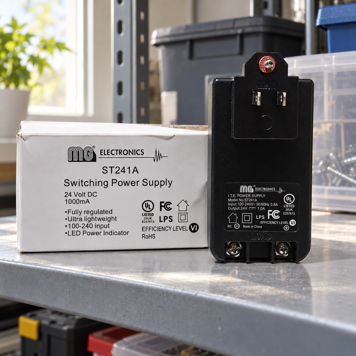 AI-generated lifestyle illustration of the unplugged MG ST241A power supply and original box in a dry utility-shelf setting.