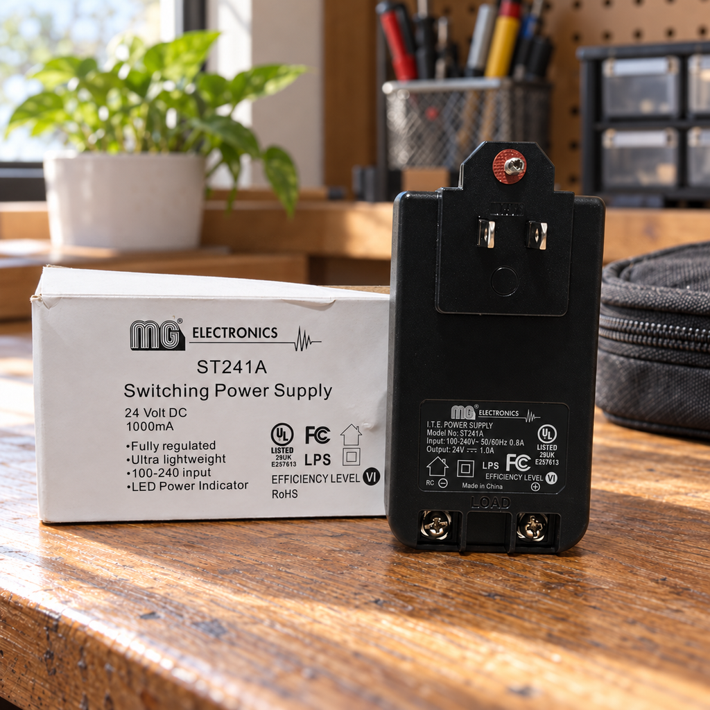 AI-generated lifestyle illustration of the unplugged MG ST241A power supply and original box in an indoor desk setting.