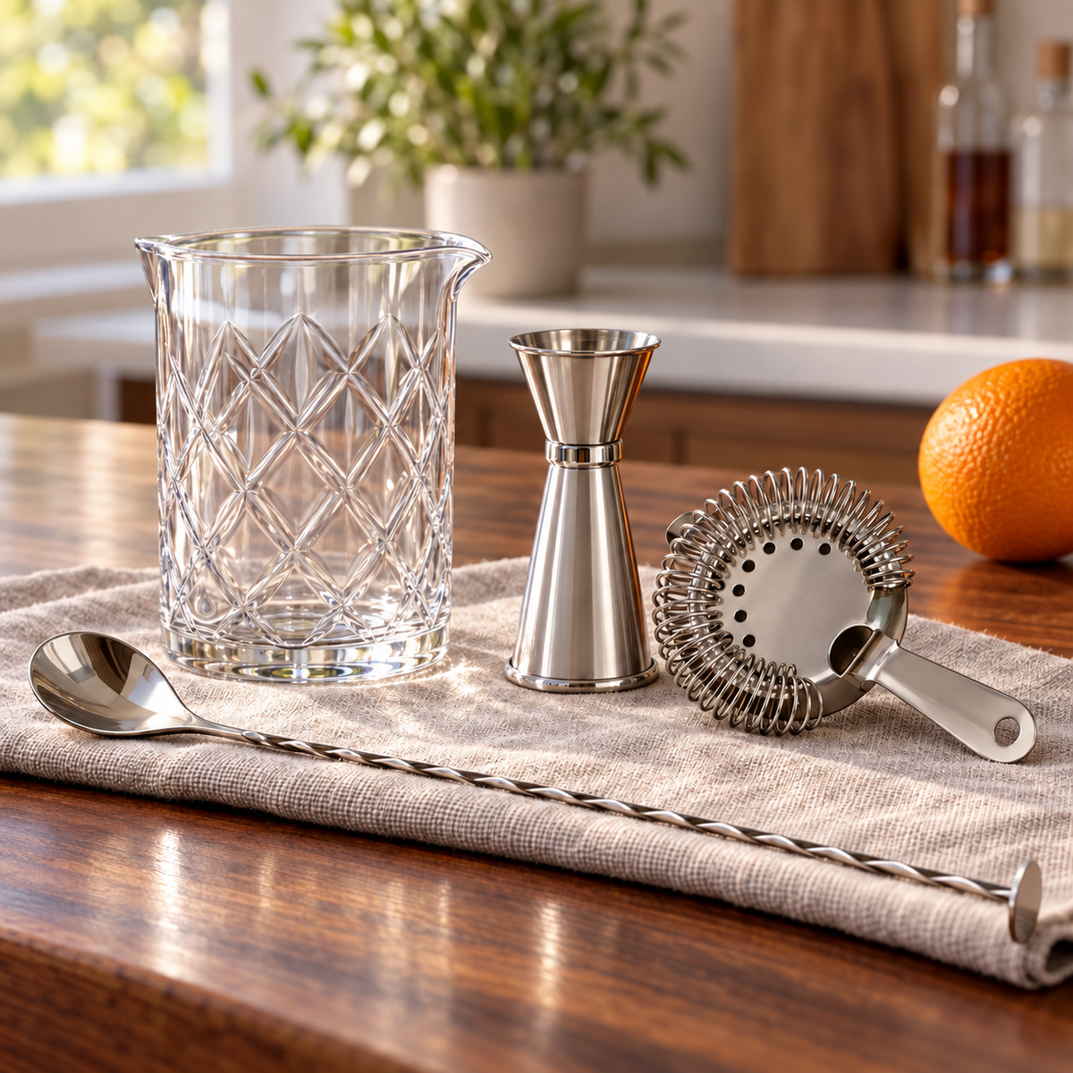 AI-generated lifestyle illustration of the four-piece Silver One cocktail mixing set on a walnut kitchen counter in window light.