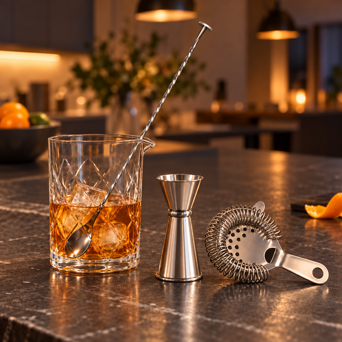 AI-generated lifestyle illustration of the four-piece Silver One cocktail mixing set with an amber drink on a dark kitchen island.