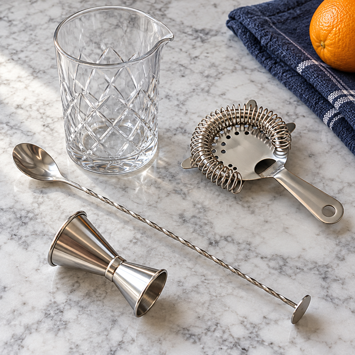 AI-generated lifestyle illustration of the four-piece Silver One cocktail mixing set arranged on a pale stone counter.