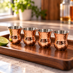 AI-generated lifestyle illustration of four Silver One handleless copper-finish shot cups lined up on a walnut tray in a bright kitchen.