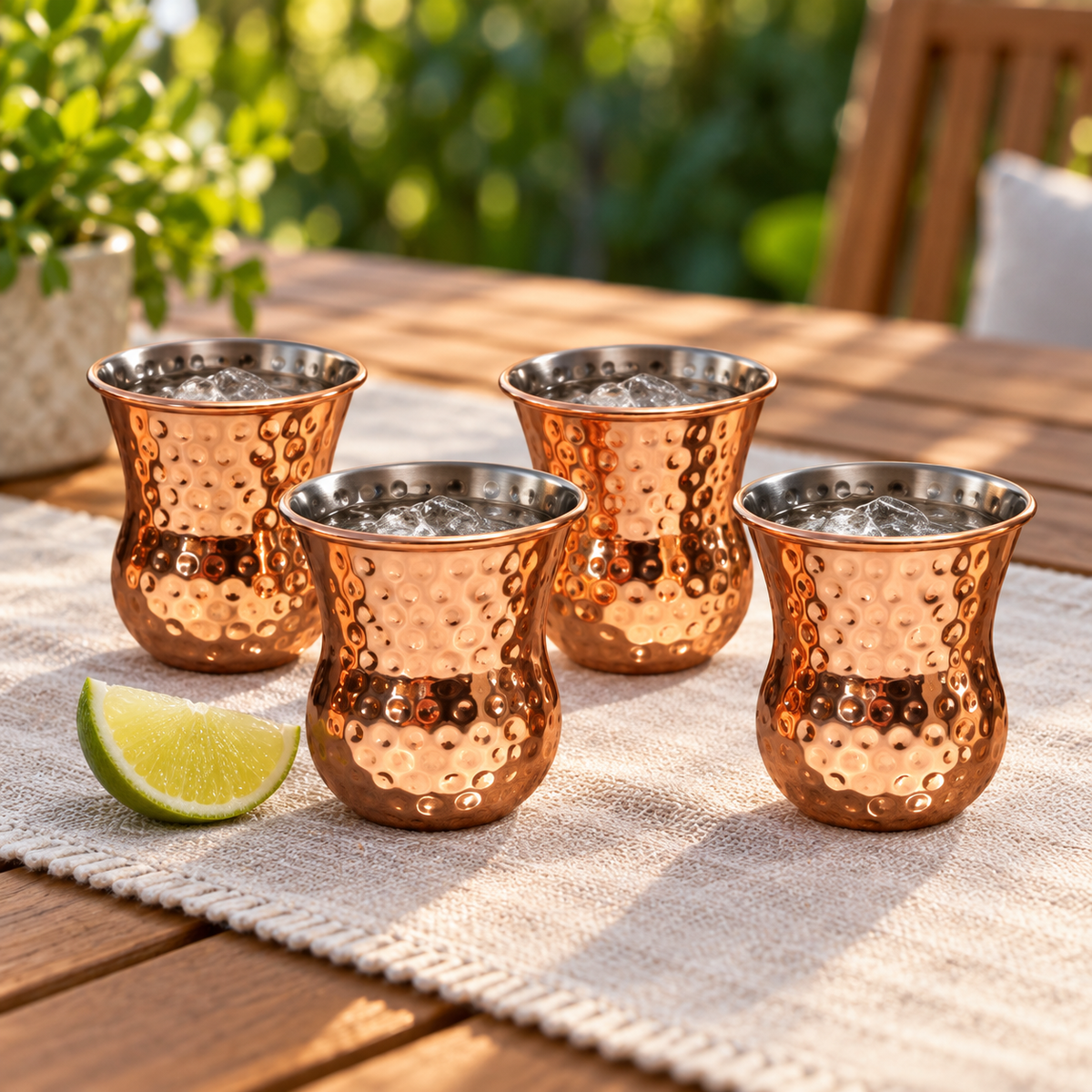 AI-generated lifestyle illustration of four Silver One handleless copper-finish shot cups with chilled drinks on a patio table.