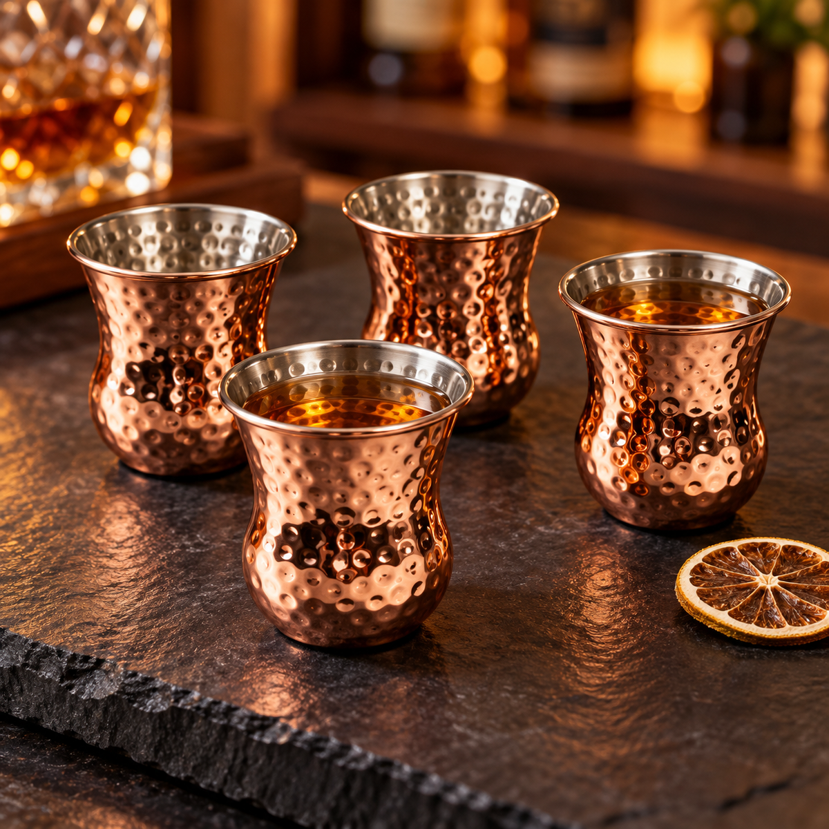 AI-generated lifestyle illustration of four Silver One handleless copper-finish shot cups with small amber tasting pours on a slate bar surface.
