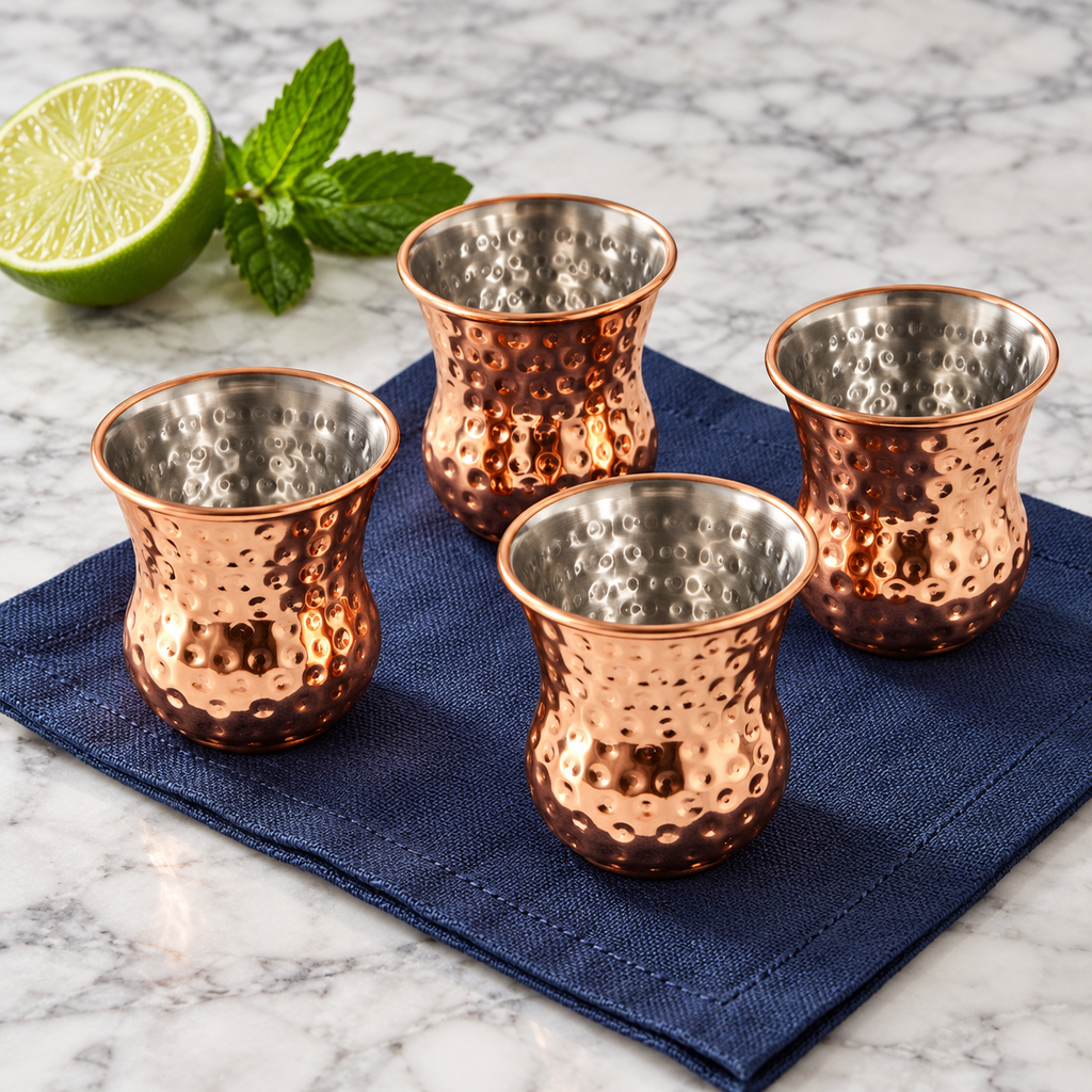 AI-generated lifestyle illustration of four Silver One handleless copper-finish shot cups on a navy napkin on a pale marble counter.