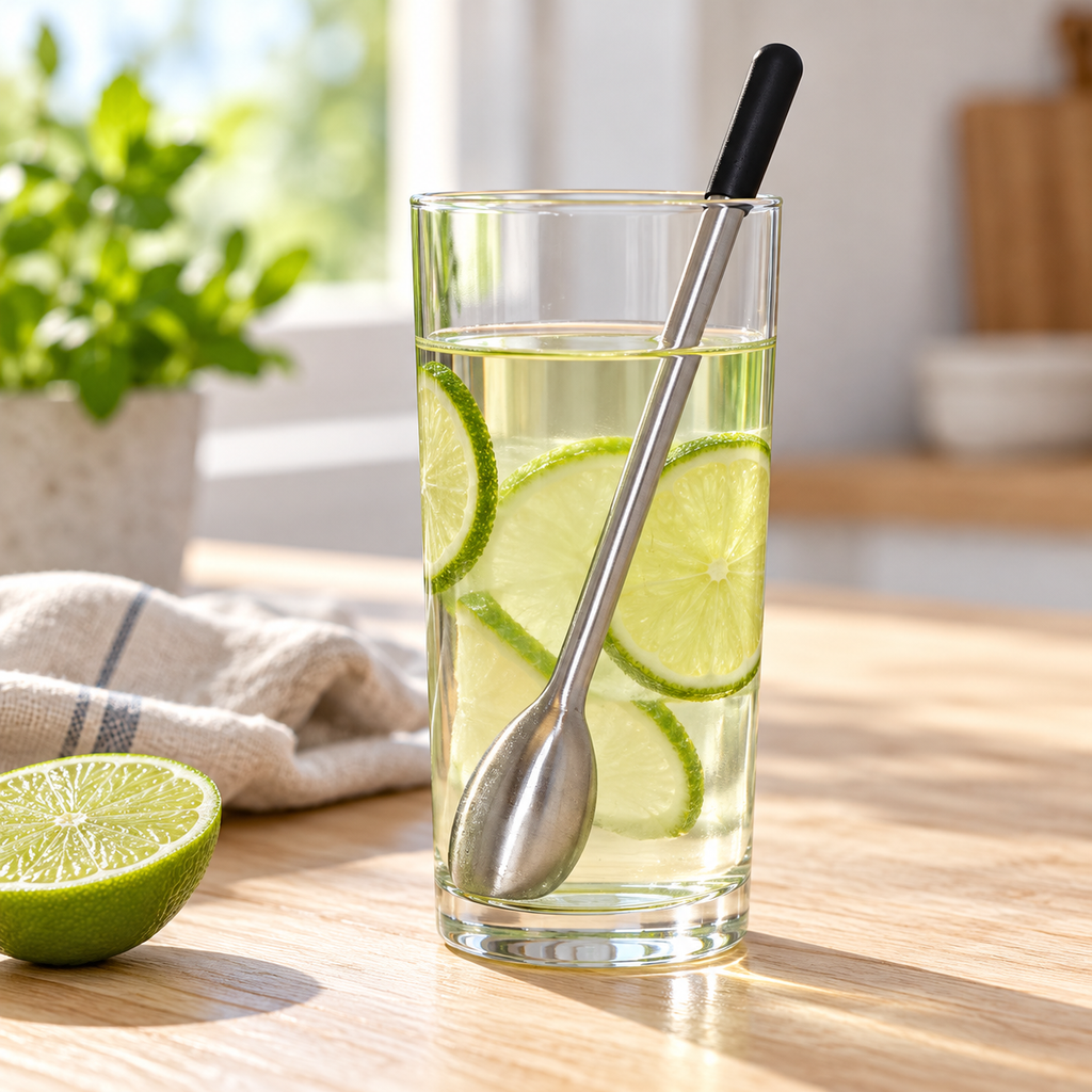AI-generated lifestyle illustration of one Undici chiller swizzle stick in a clear lime drink on a sunny kitchen table.