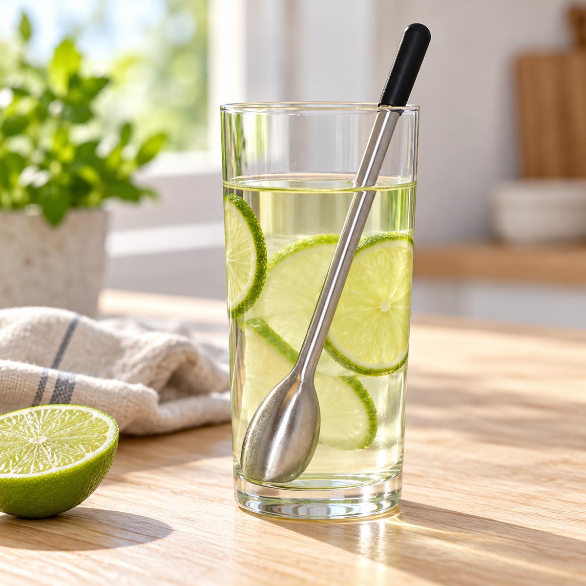 AI-generated lifestyle illustration of one Undici chiller swizzle stick in a clear lime drink on a sunny kitchen table.