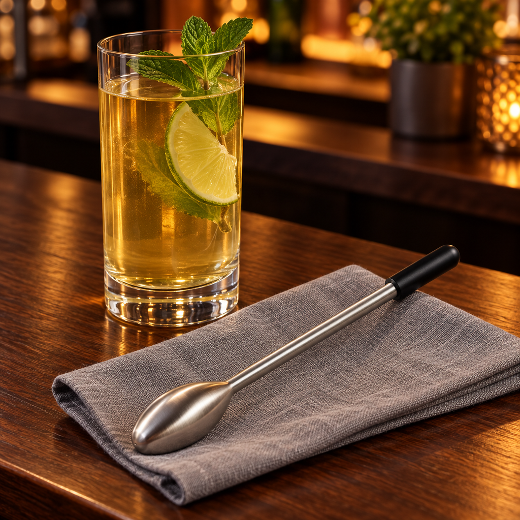 AI-generated lifestyle illustration of one Undici chiller swizzle stick beside a cold drink on a walnut home bar.