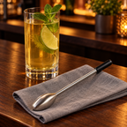 AI-generated lifestyle illustration of one Undici chiller swizzle stick beside a cold drink on a walnut home bar.