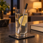 AI-generated lifestyle illustration of one Undici chiller swizzle stick in a clear lemon drink in a softly lit evening room.