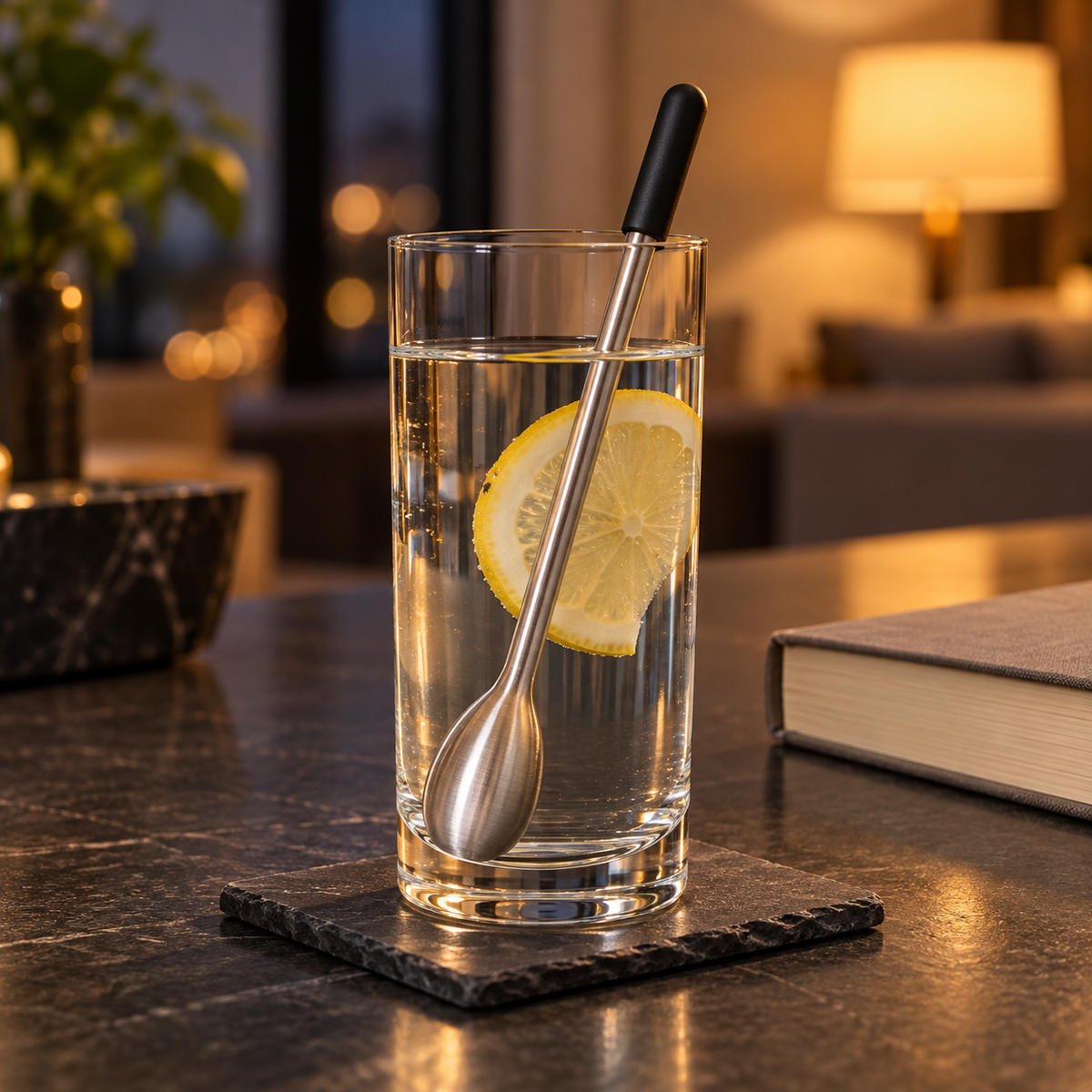 AI-generated lifestyle illustration of one Undici chiller swizzle stick in a clear lemon drink in a softly lit evening room.