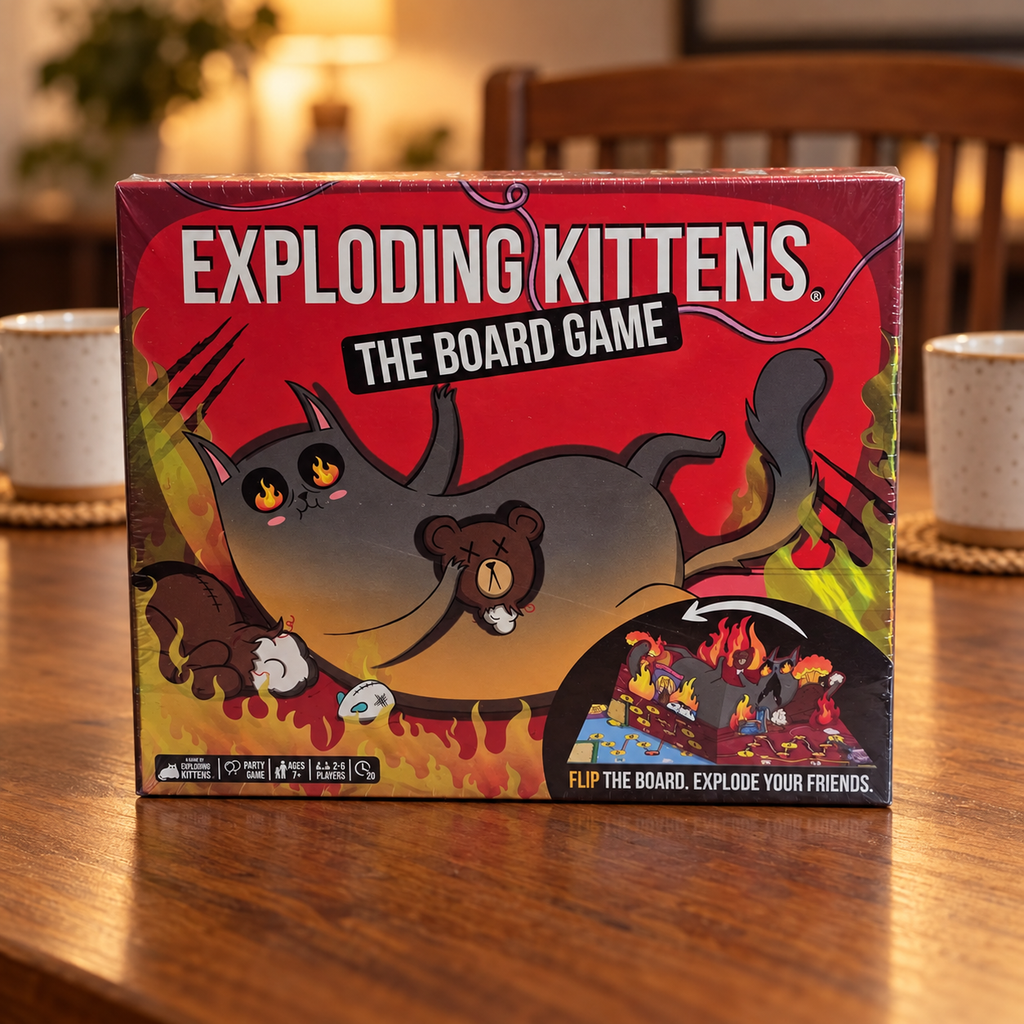 AI-generated lifestyle illustration of the closed Exploding Kittens The Board Game box on a walnut dining table with mugs in warm evening light.