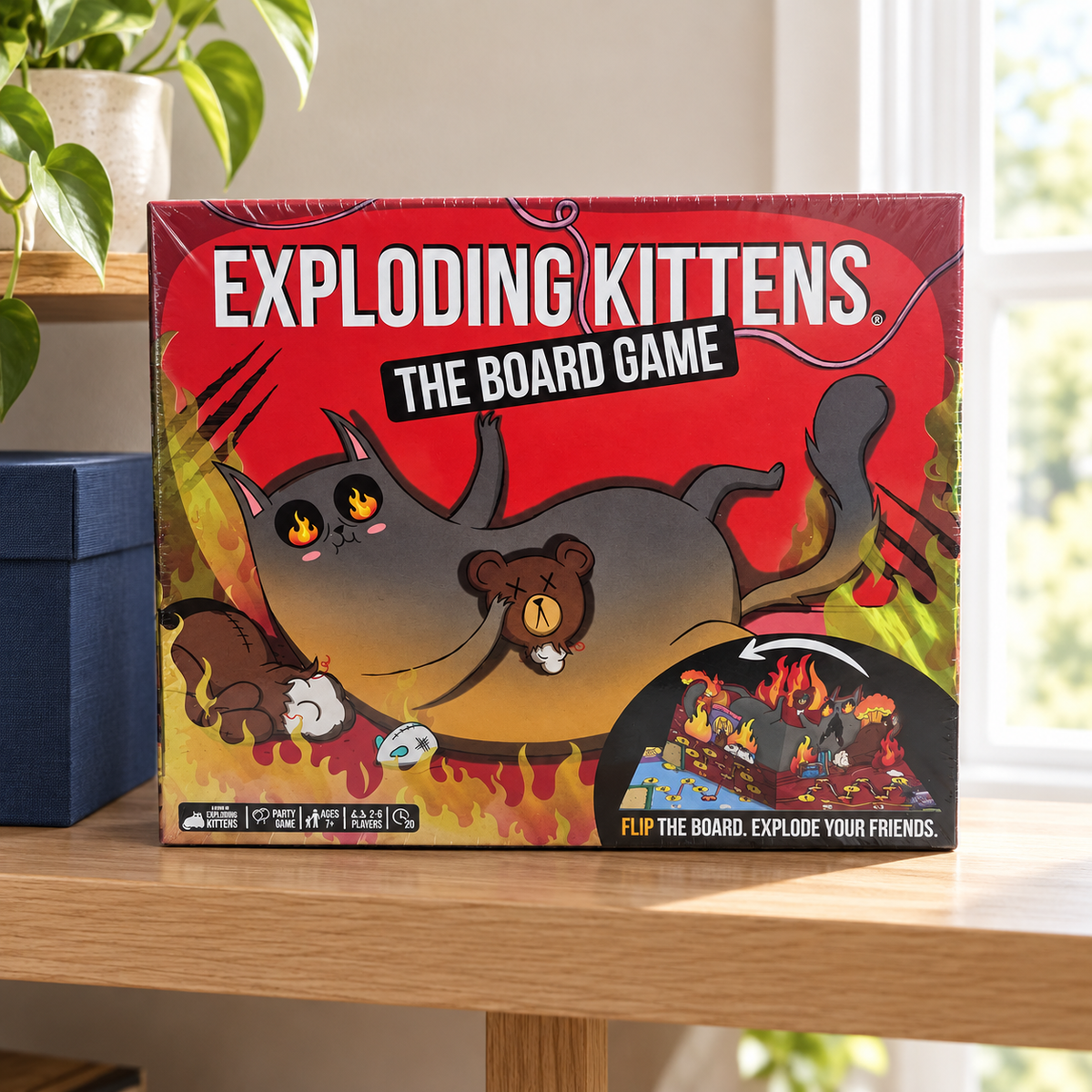 AI-generated lifestyle illustration of the closed Exploding Kittens The Board Game box on a light-oak living-room shelf beside a plain blue storage box.