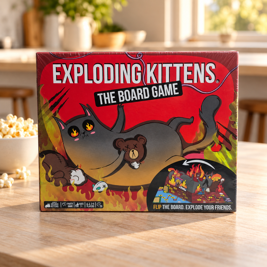 AI-generated lifestyle illustration of the closed Exploding Kittens The Board Game box on a bright kitchen island beside a bowl of popcorn.