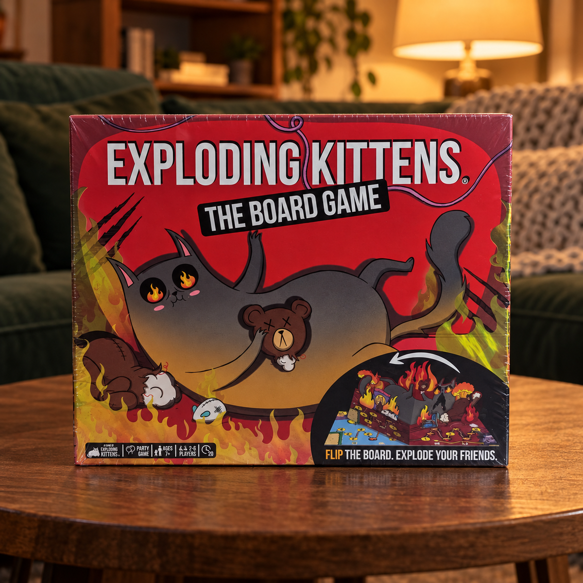 AI-generated lifestyle illustration of the closed Exploding Kittens The Board Game box on a round coffee table in a cozy green-sofa den.