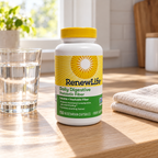 AI-generated lifestyle illustration of one closed Renew Life Daily Digestive Prebiotic Fiber bottle on a pale oak kitchen counter with a glass of plain water and folded cream linen. Props are not included.