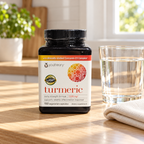 AI-generated lifestyle illustration of one closed Youtheory Turmeric Extra Strength bottle on a pale oak kitchen counter with a glass of plain water and folded cream linen. Props are not included.