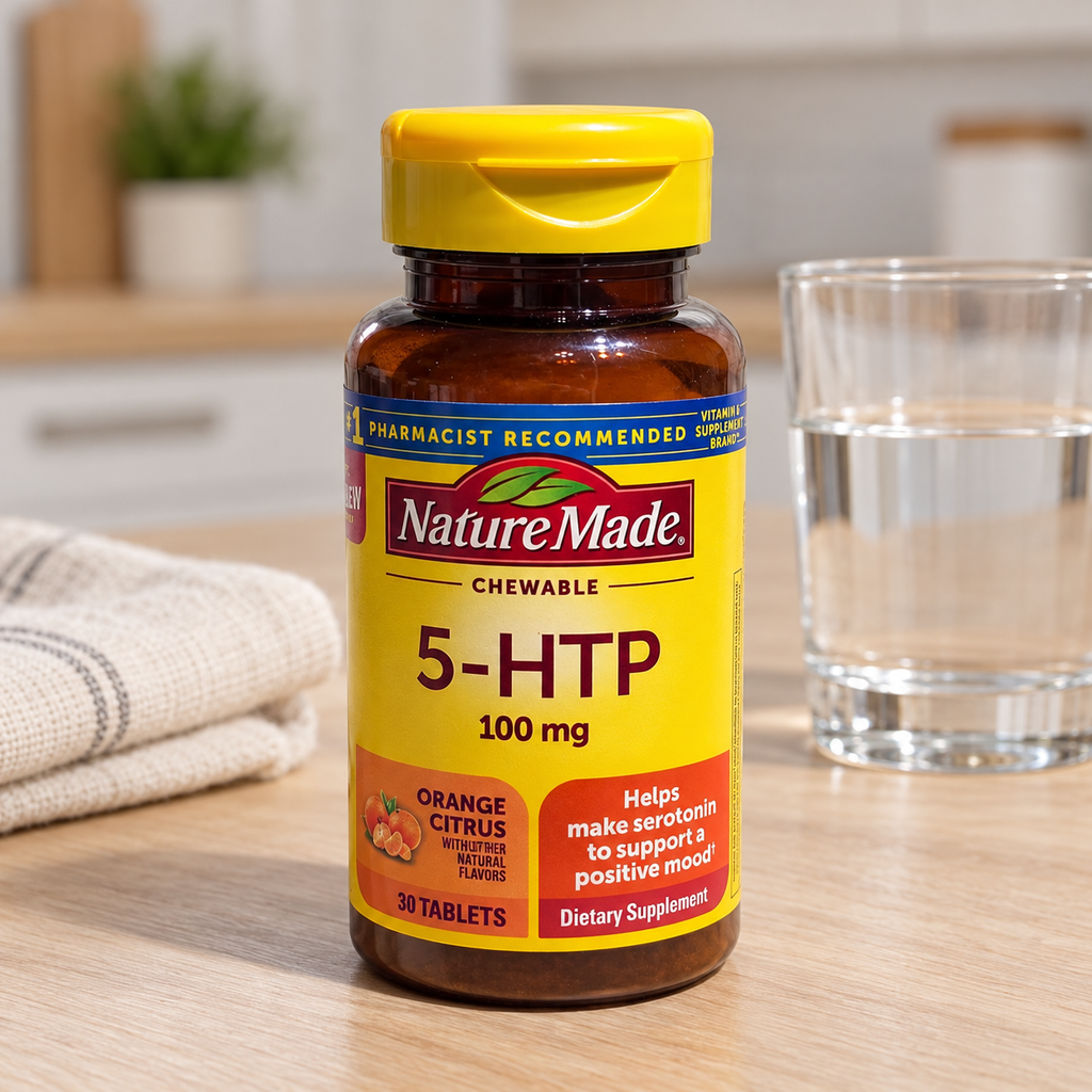AI-generated lifestyle illustration of one closed Nature Made 5-HTP bottle on an oak kitchen counter beside a water glass and linen.