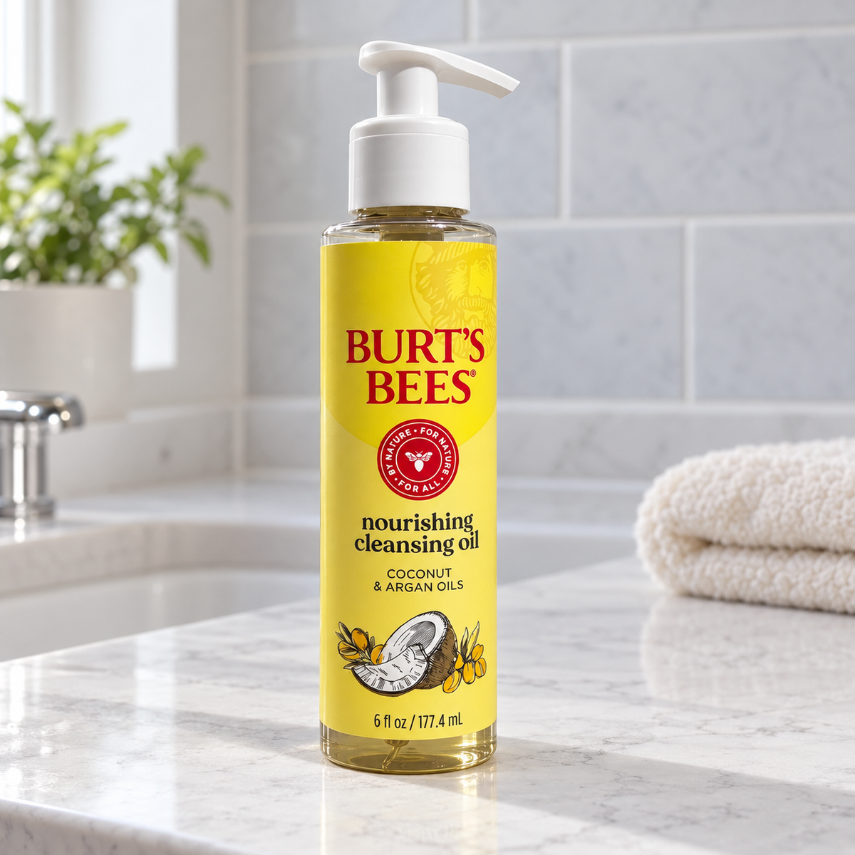 Burt's Bees Coconut and Argan Cleansing Oil 6 fl oz pump bottle on a marble bathroom vanity.