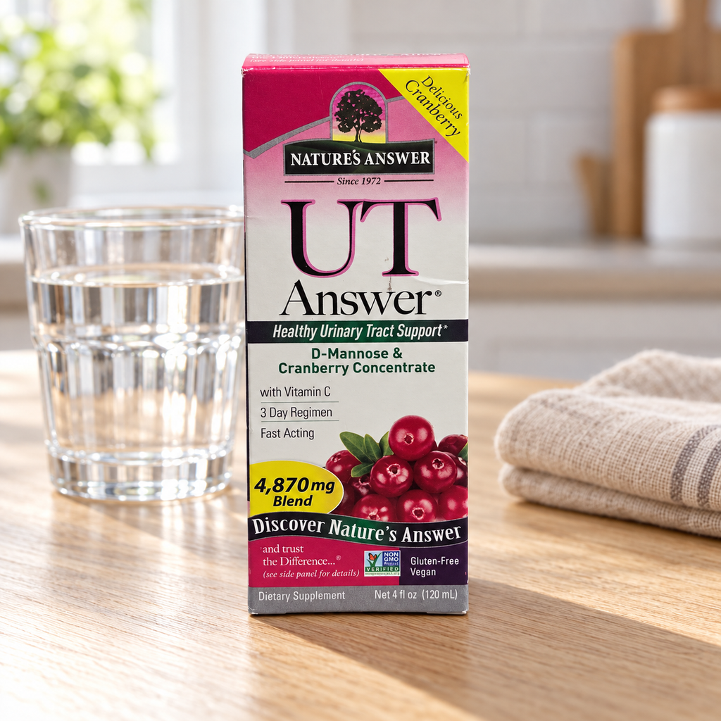 Nature's Answer UT Answer D-Mannose & Cranberry Liquid, 4 fl oz on an oak kitchen table with water and linen. Props not included.