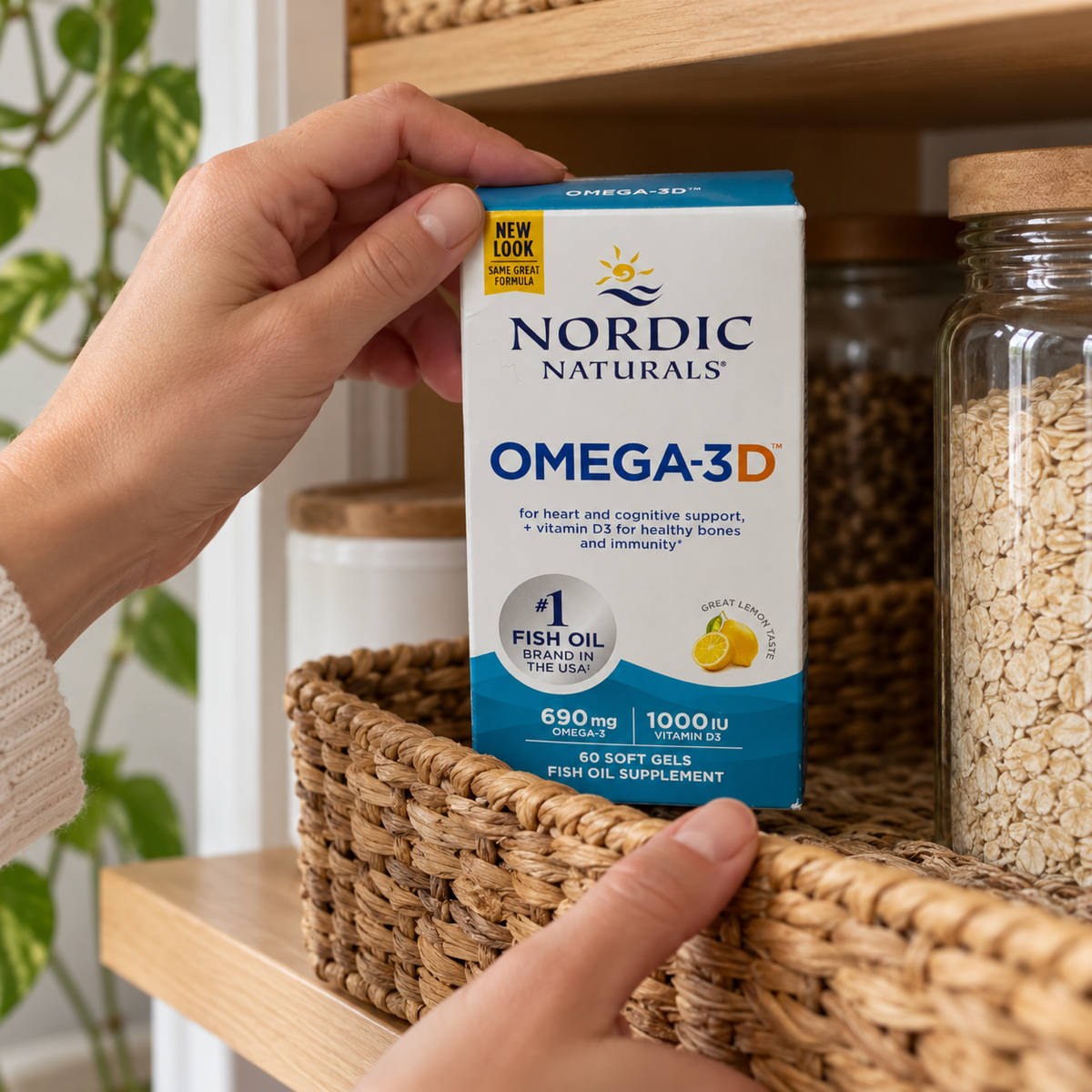 Nordic Naturals Omega-3D 60-soft-gel box being placed in a pantry organizer