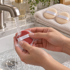 Washing a reusable powder puff with mild soap beside a clean puff drying flat
