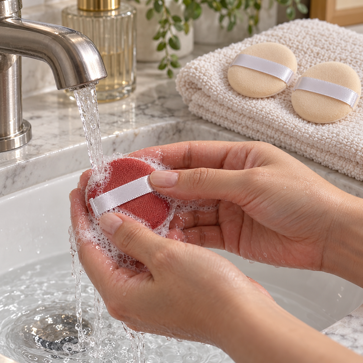 Washing a reusable powder puff with mild soap beside a clean puff drying flat