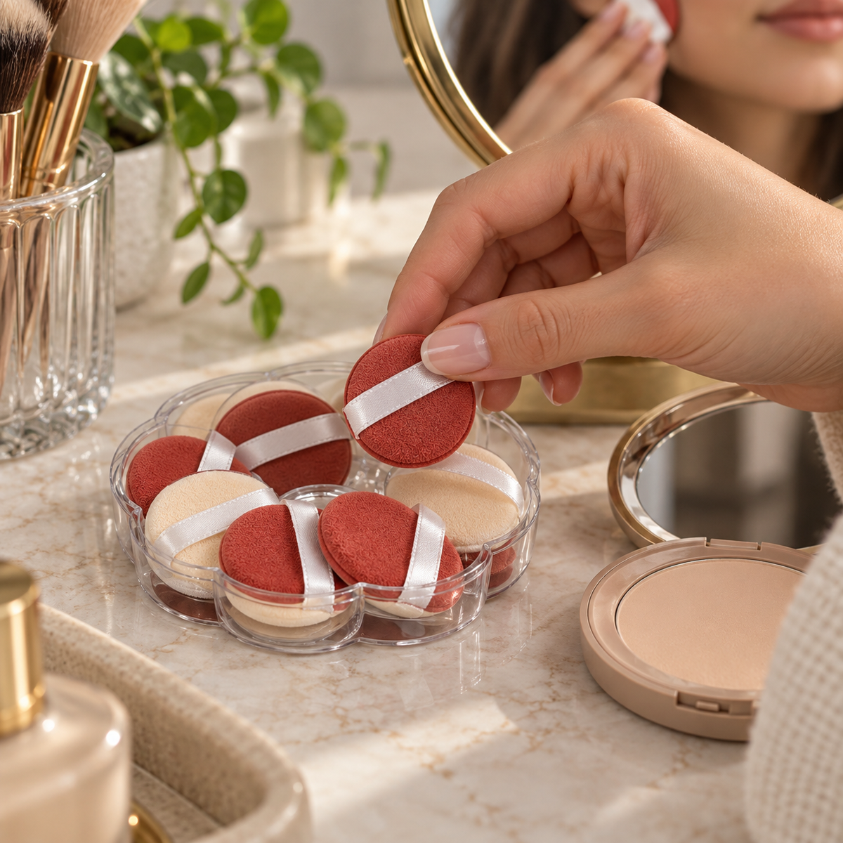Selecting a terracotta mini powder puff from the Olivia Rose set