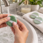 Washing a green powder puff beside a clean mint puff drying flat