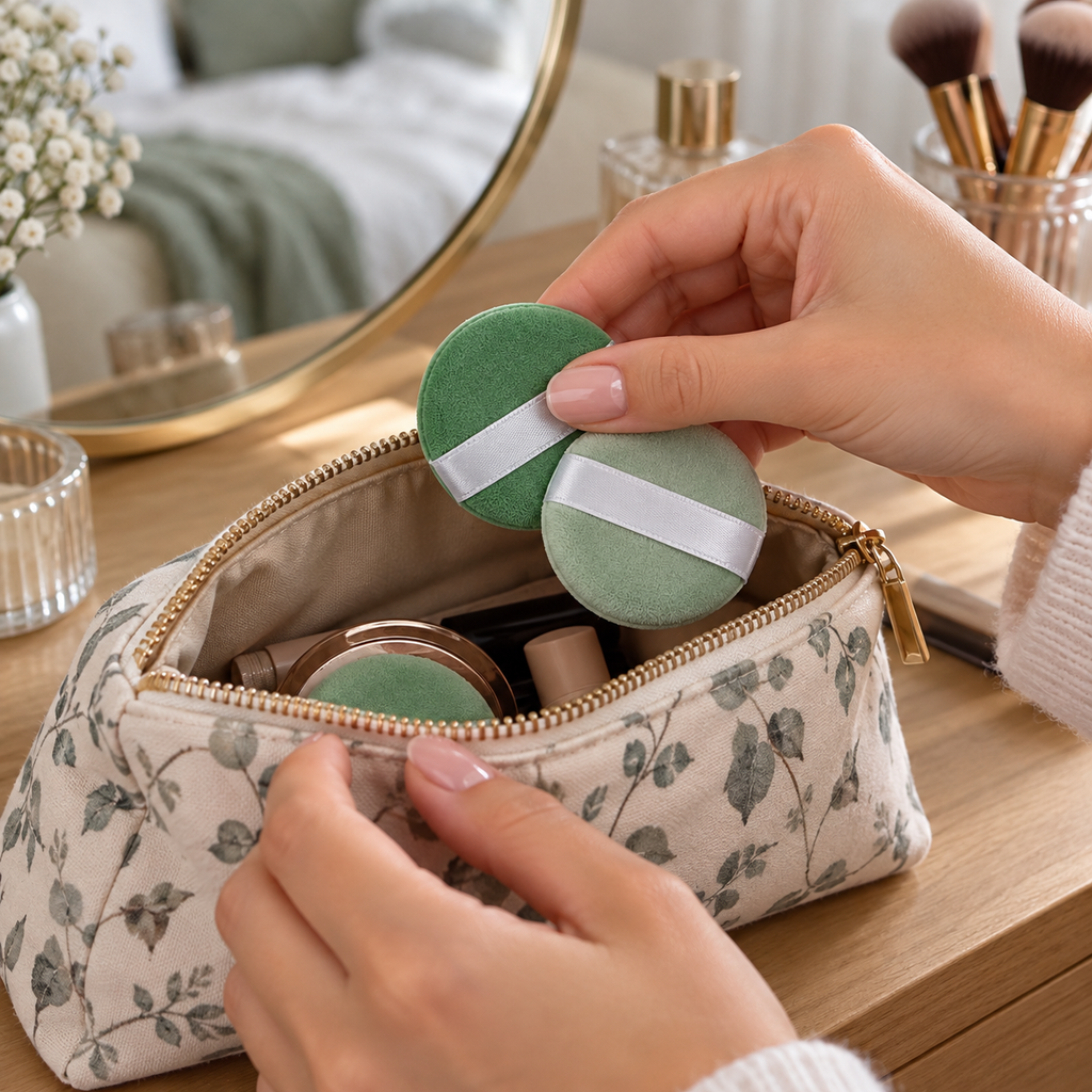 Packing green Olivia Rose mini powder puffs into a makeup pouch