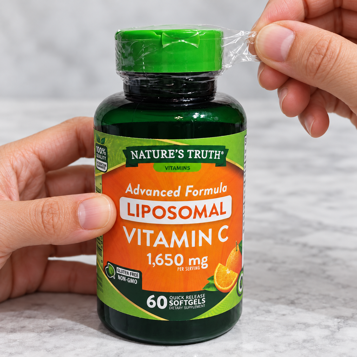 Adult hands opening the outer seal of Nature’s Truth Liposomal Vitamin C