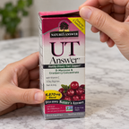 AI-generated illustration of an adult opening the worn Nature's Answer UT Answer 4 fl oz carton with its contents concealed.