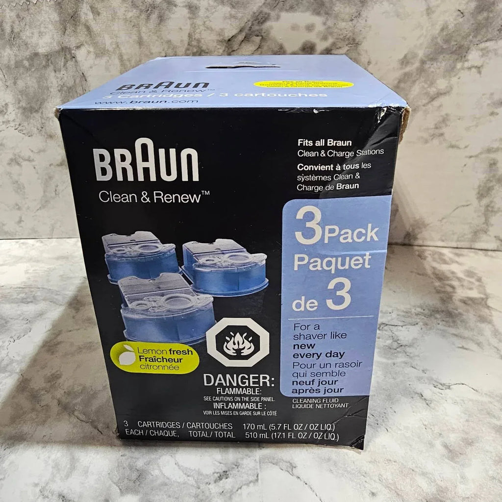 Braun Clean & Renew 3-pack cartridge box on a marble surface
