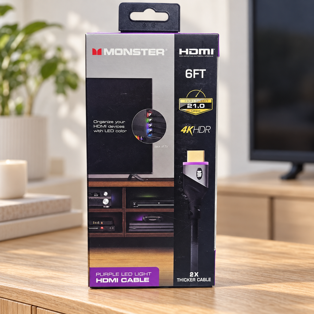 Monster 6 ft purple LED HDMI cable package on a sunlit oak media console