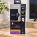 Monster 6 ft purple LED HDMI cable package on a sunlit oak media console