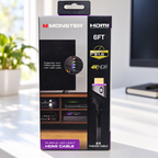 Monster 6 ft HDMI cable package on a bright white home office desk