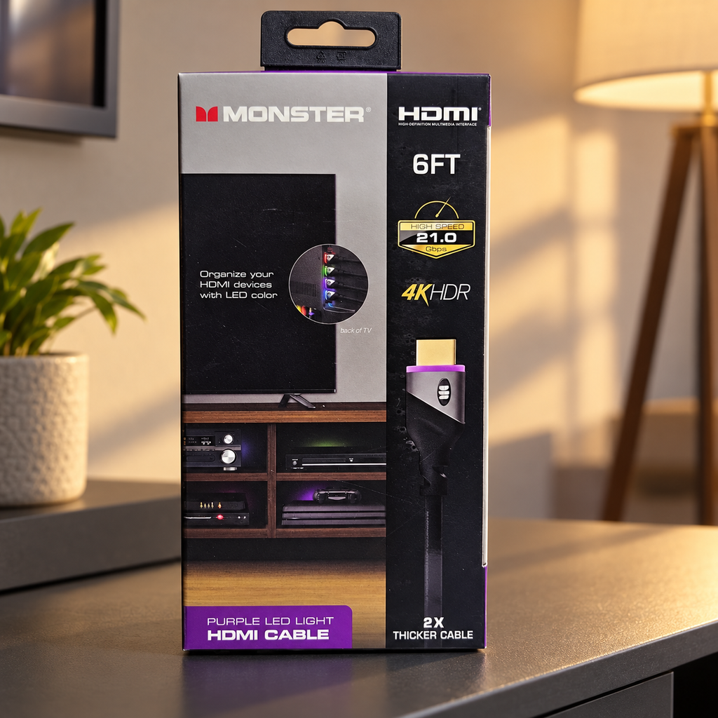 Monster purple LED HDMI cable package on a softly lit media-room shelf