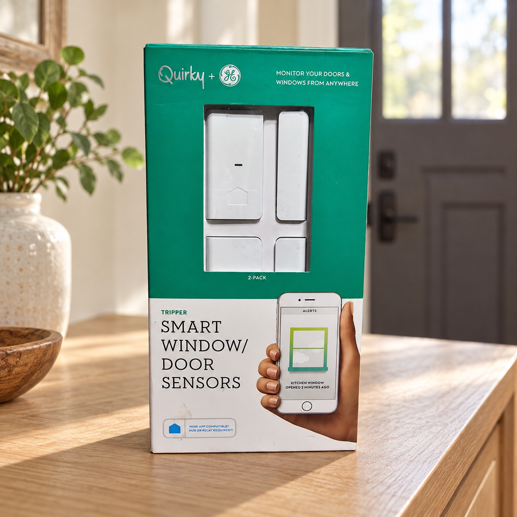 Quirky + GE Tripper two-pack sensor package on an oak entryway console