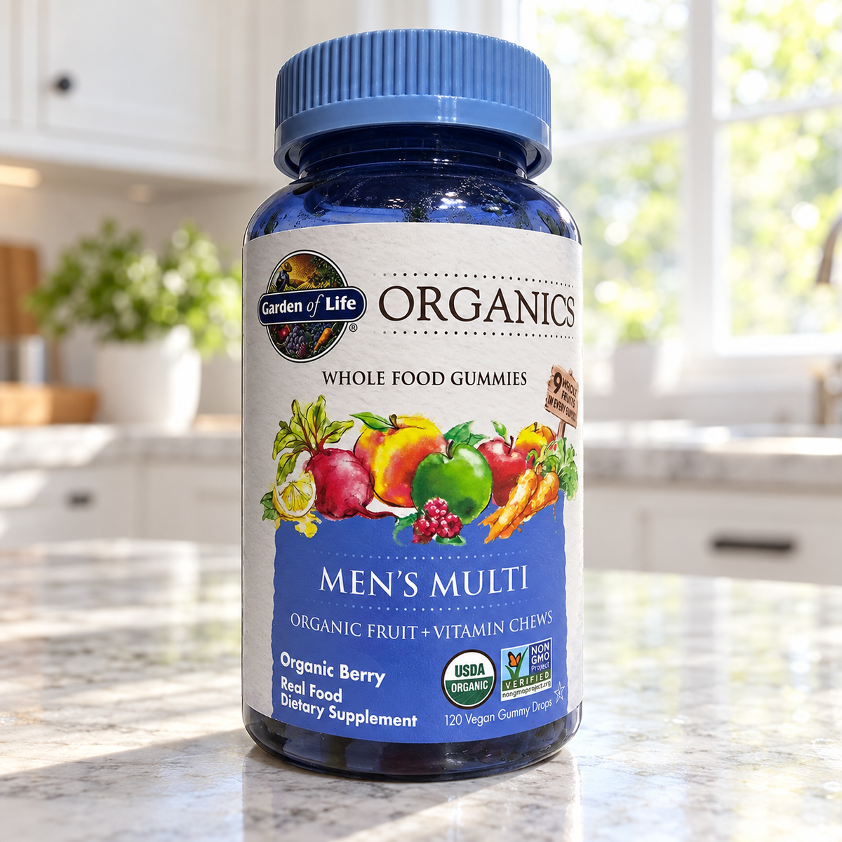 Garden of Life Organics Men's Multi Organic Berry 120-gummy bottle on a bright kitchen counter