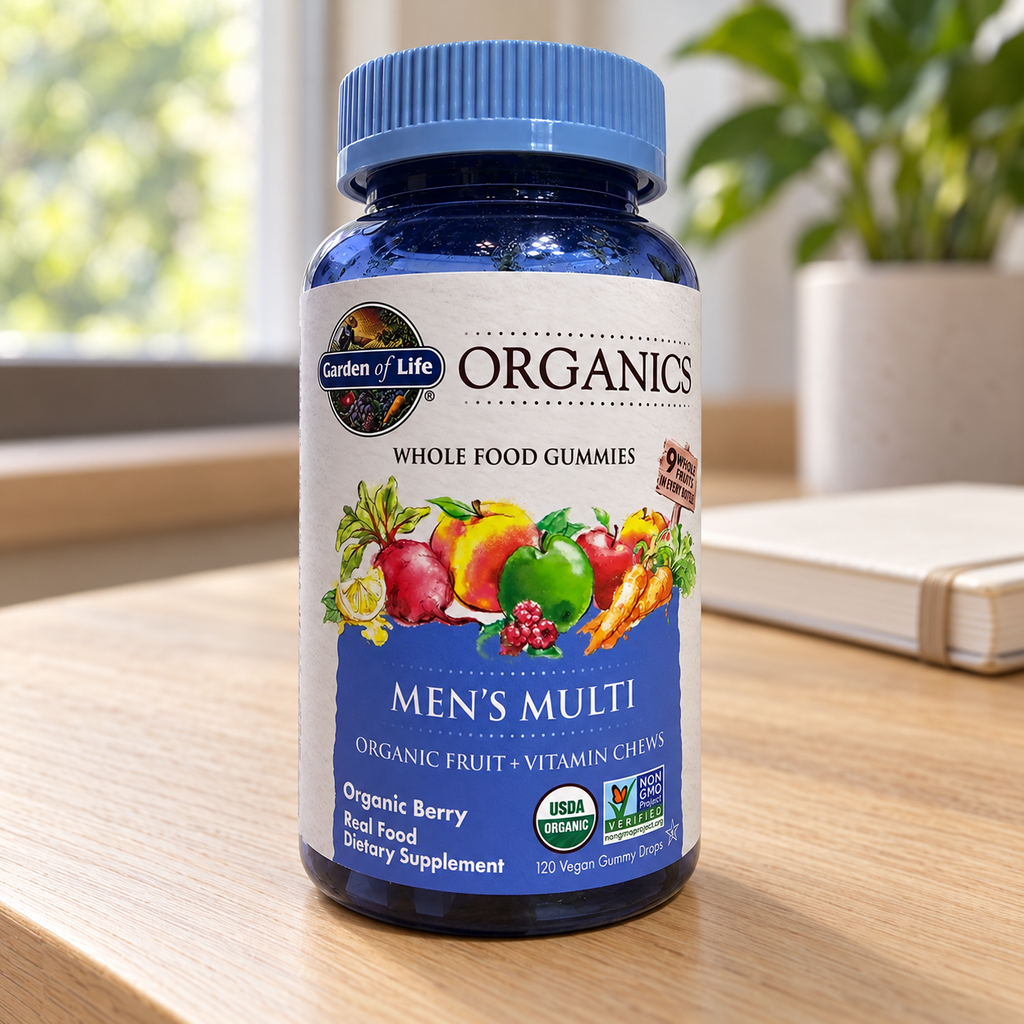 Garden of Life Organics Men's Multi 120-gummy bottle on a home study desk