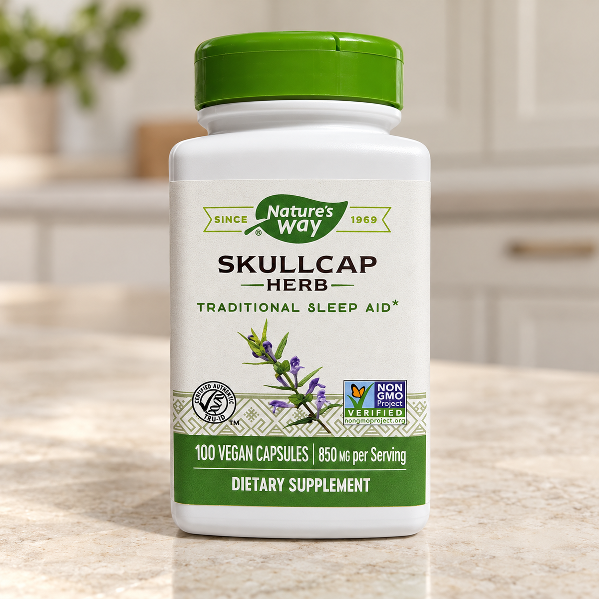 Nature's Way Skullcap Herb 100-capsule bottle on a bright kitchen counter