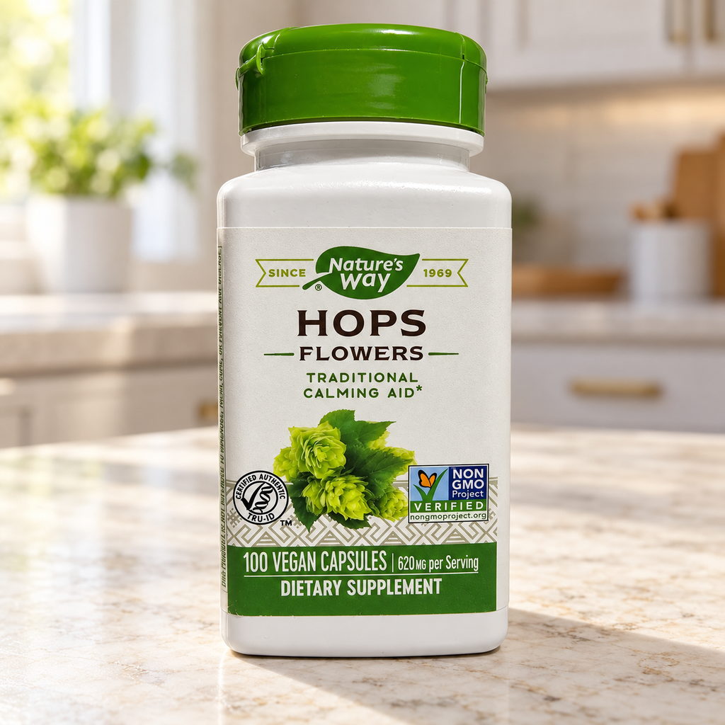 Nature’s Way Hops Flowers 100-capsule bottle on a bright kitchen counter